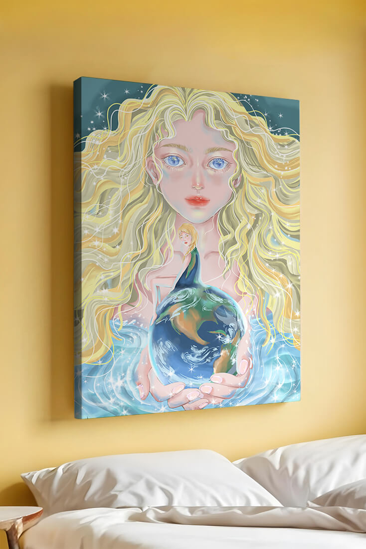 Fantasy artwork of woman holding earth with shimmering details