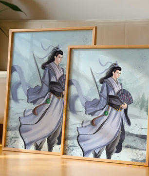 Guerrier élégant en tenue traditionnelle avec robes flottantes et éventail