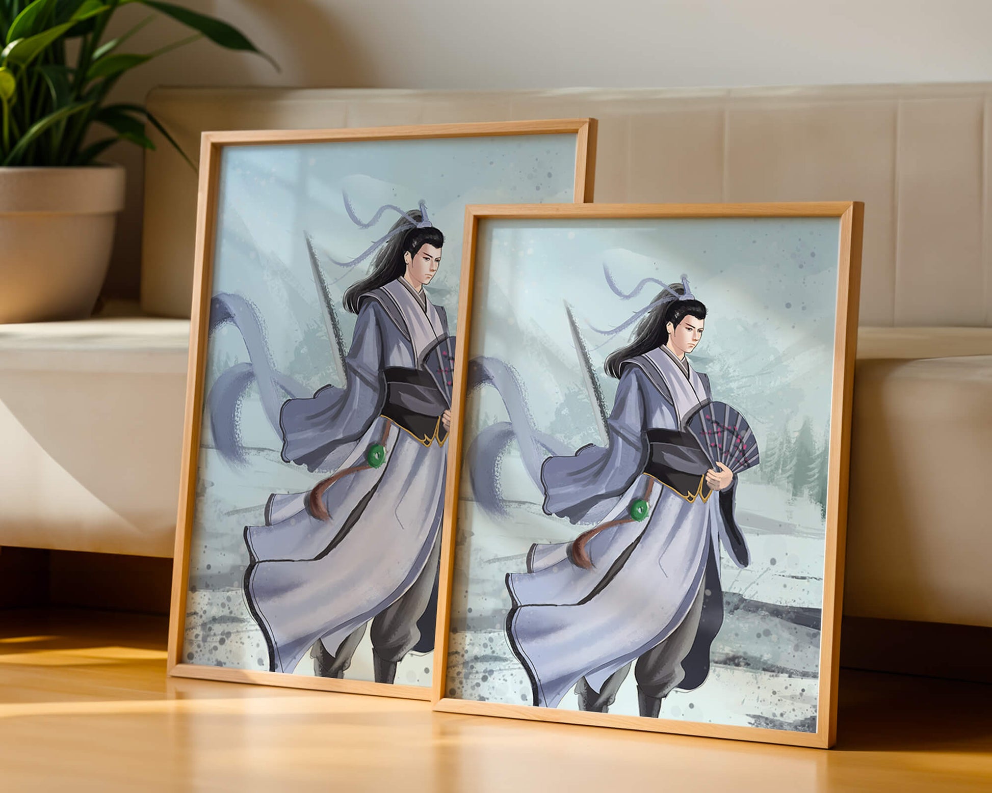 Elegant warrior in traditional attire with flowing robes and fan