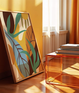 Abstract botanical design with colorful leaves and organic shapes