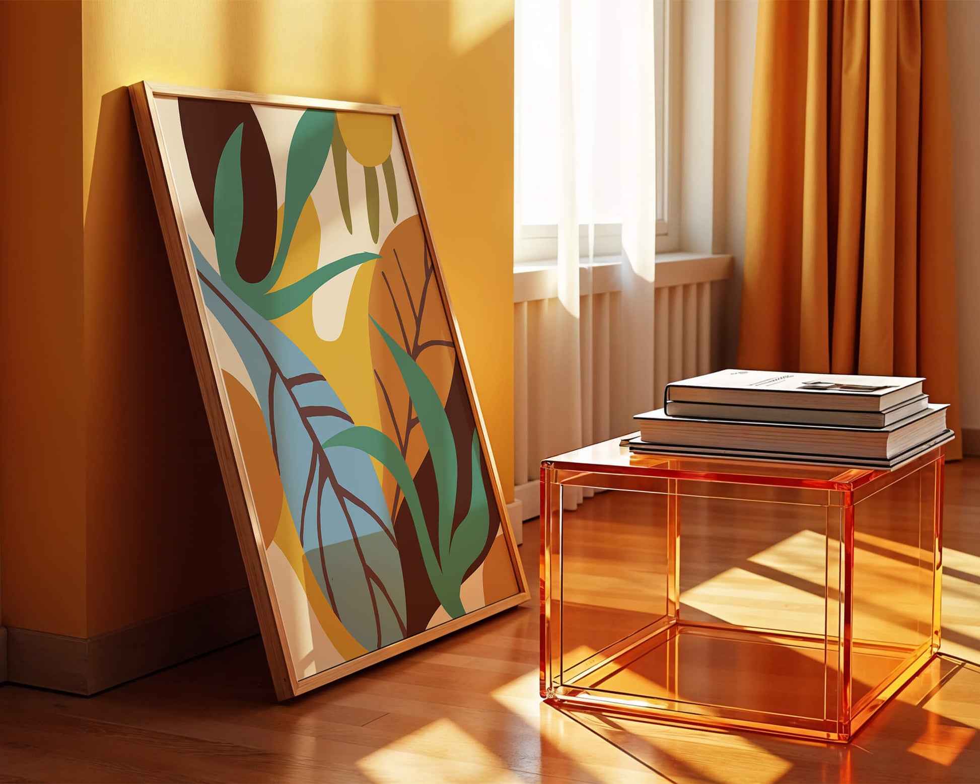 Abstract botanical design with colorful leaves and organic shapes