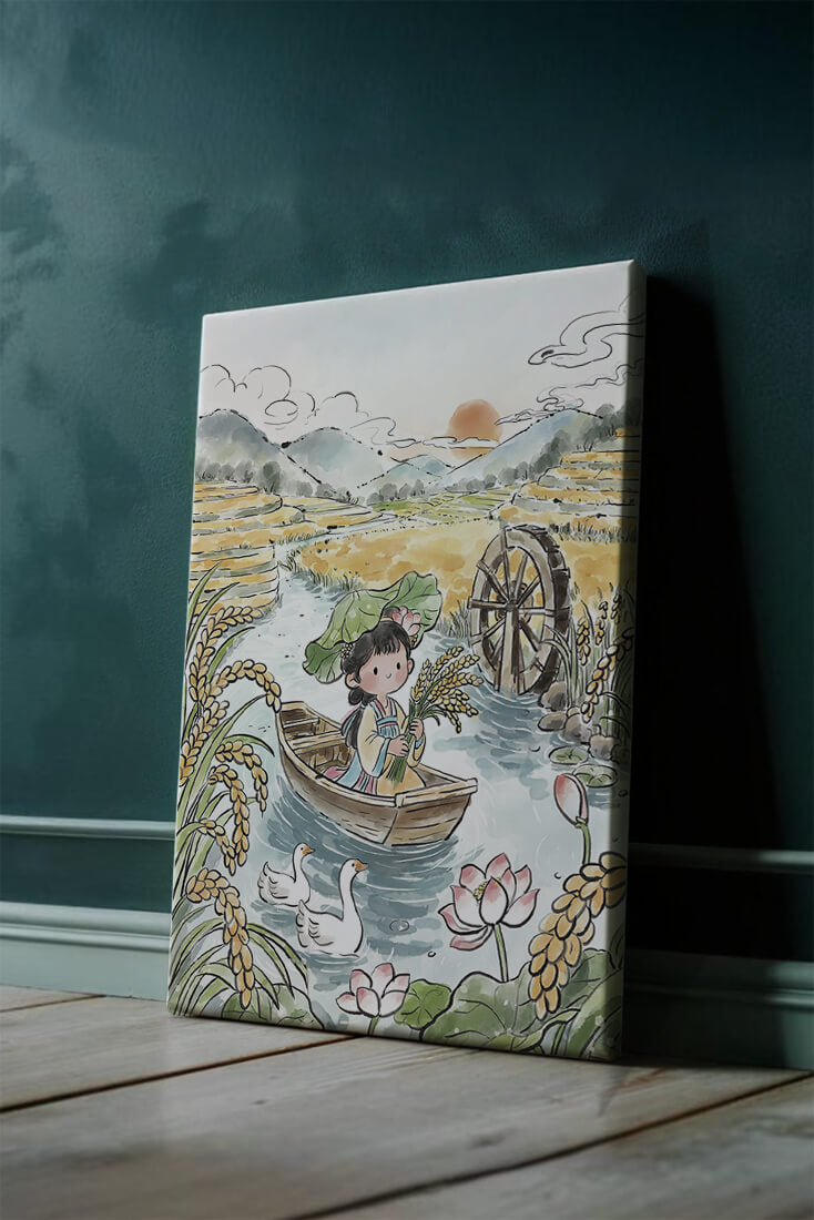 Niña en un bote con campos de arroz y atardecer de fondo