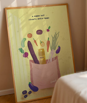 Ilustración de vegetales frescos y leche en una bolsa de comestibles