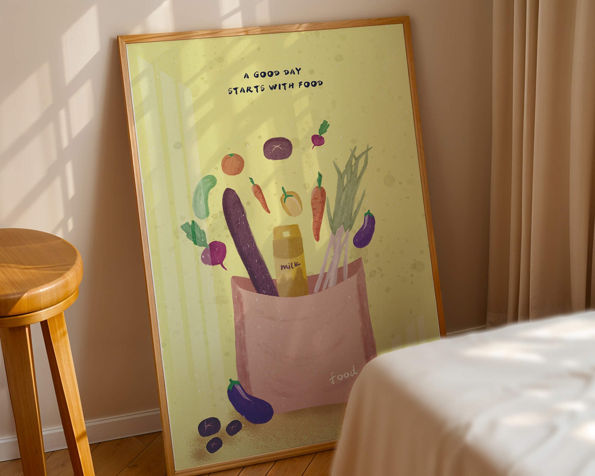 Ilustración de vegetales frescos y leche en una bolsa de comestibles