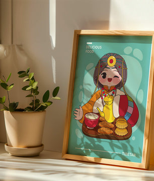 Charmanter tibetischer Charakter mit traditioneller Lebensmittelillustration
