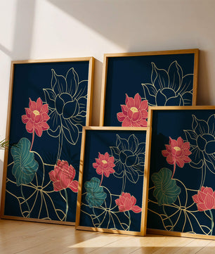 Vibrant Lotus Flowers on Dark Background with Gold Outline