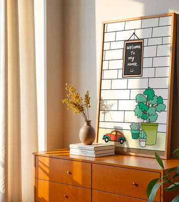 Chalkboard welcome sign with potted plants and a toy car