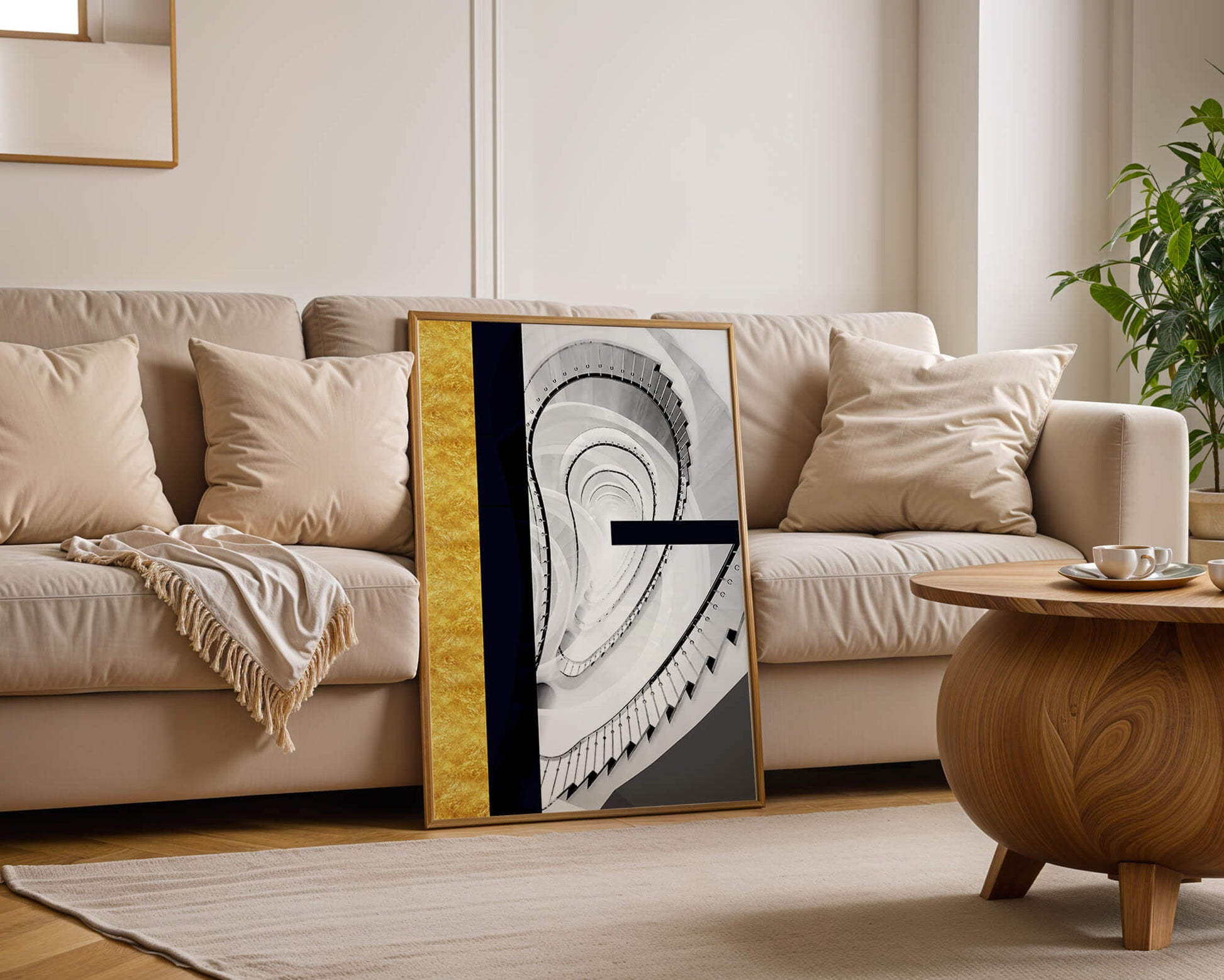 Abstract spiral staircase with a gold accent design