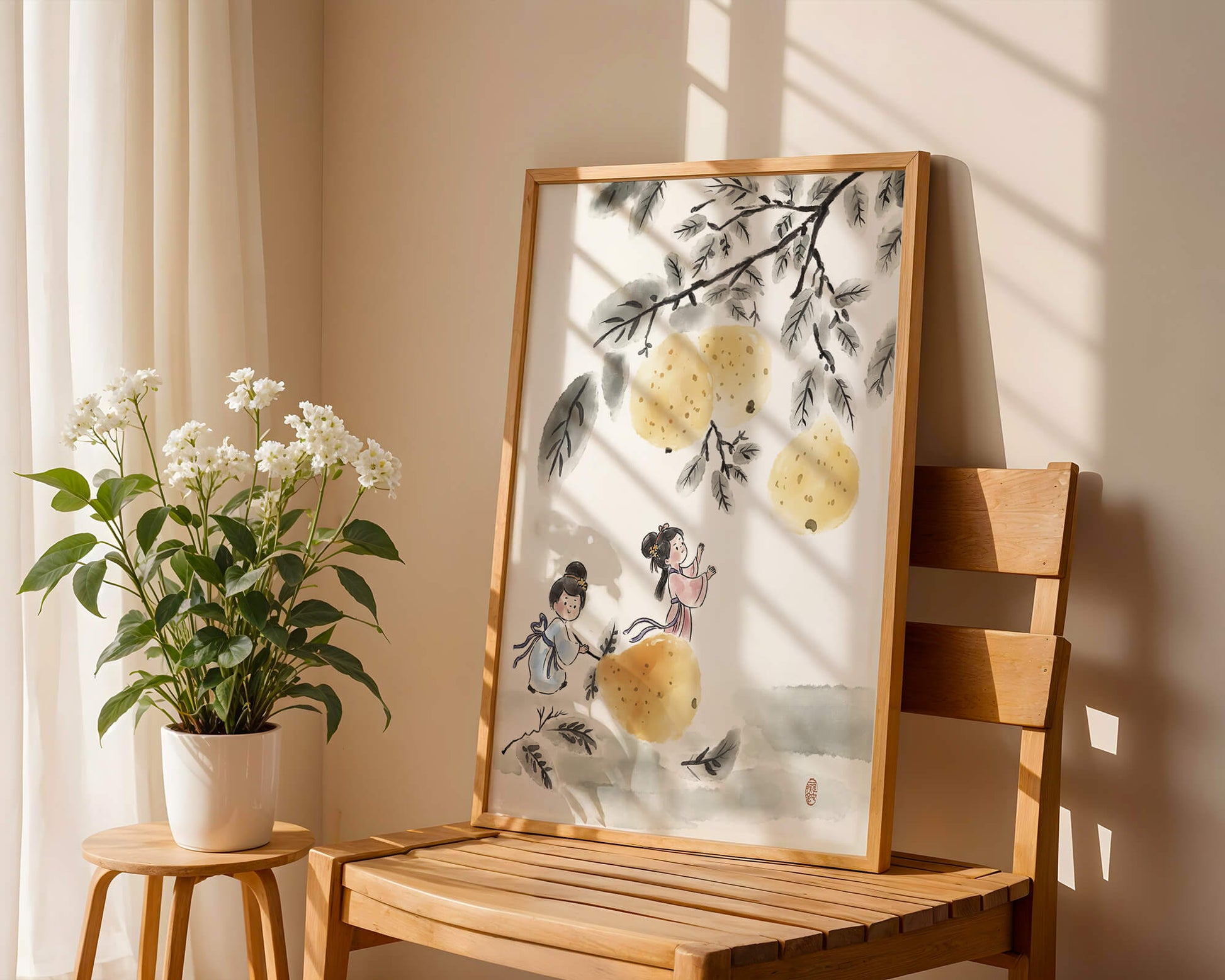 Ilustración encantadora de niños en vestimenta tradicional recolectando peras