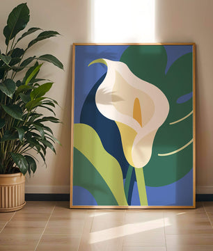 Ilustración floral abstracta con fondo verde y azul