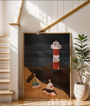 Peaceful Beach Scene with Lighthouse at Night