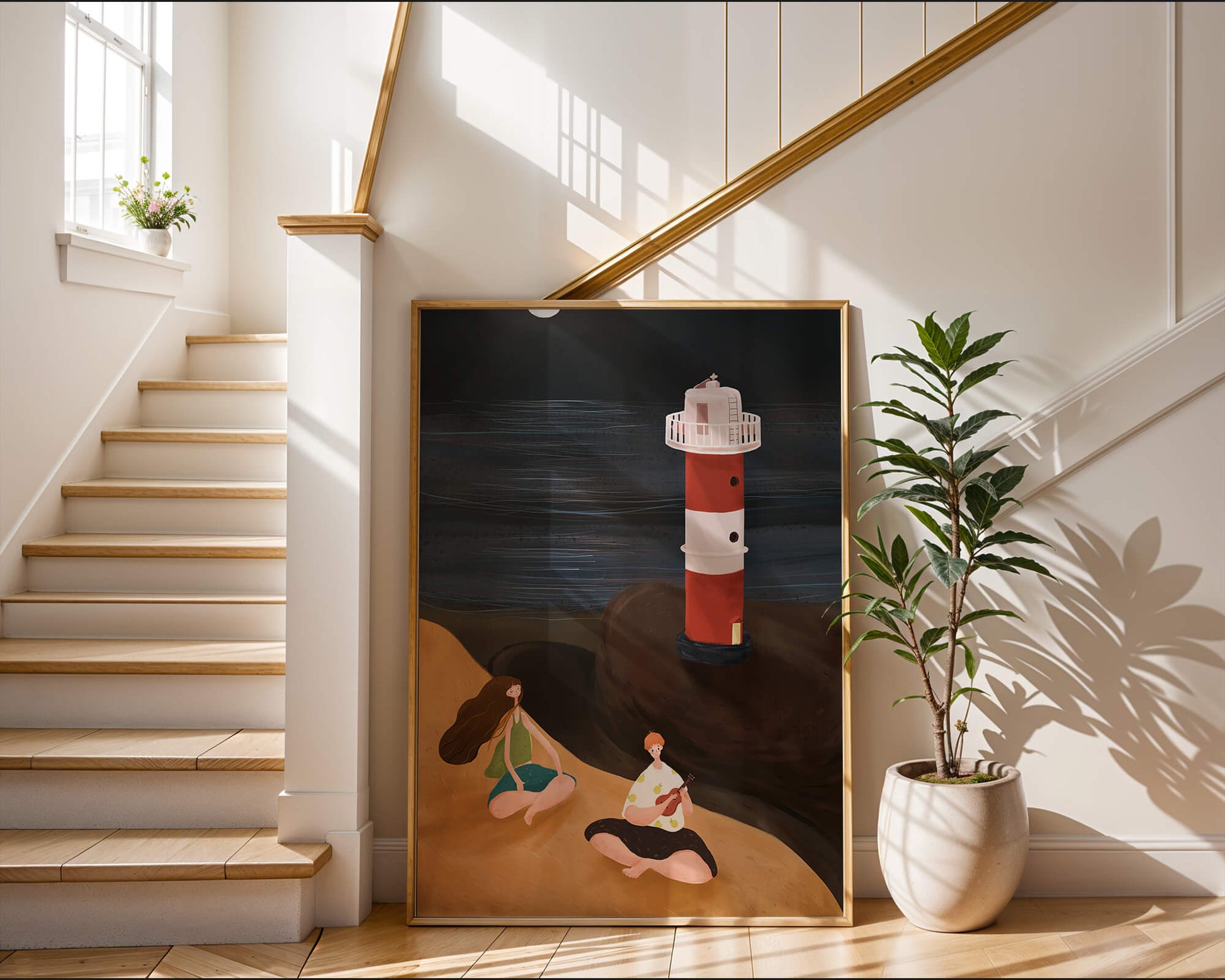 Escena de playa tranquila con faro por la noche