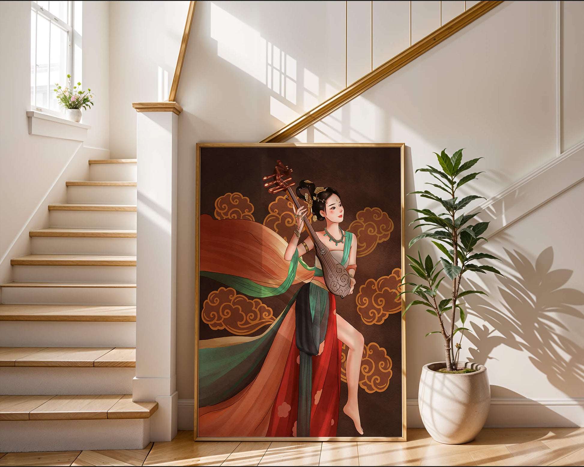 Elegant depiction of a woman playing a traditional string instrument with flowing garments and ornate background