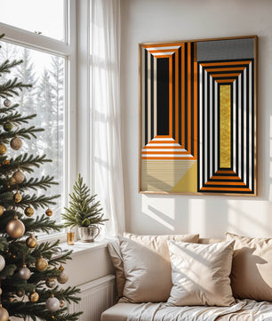 Arte abstracto geométrico con rayas y elemento dorado en naranja, negro y blanco