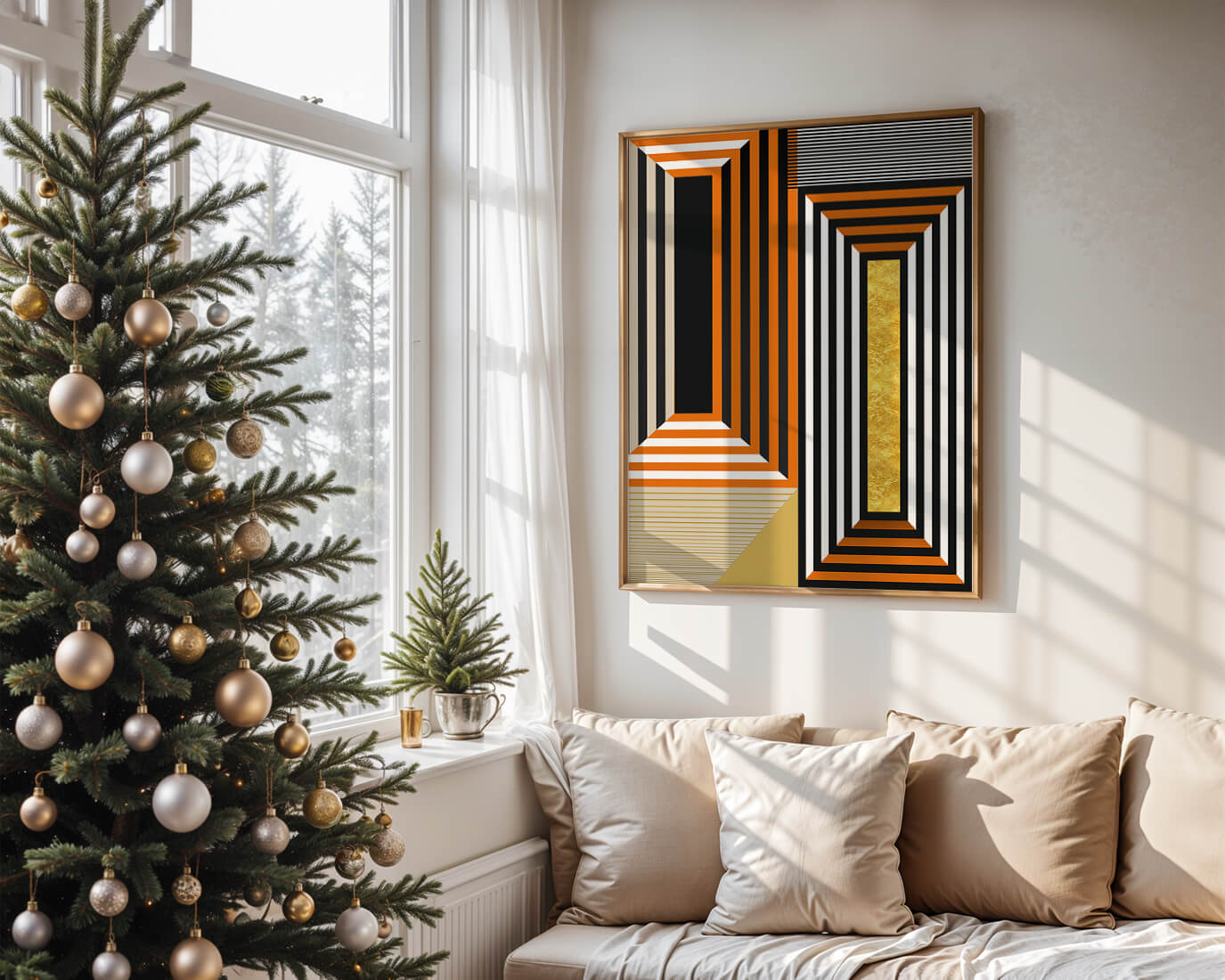 Geometric Abstract Art with Stripes and Gold Element in Orange, Black, and White