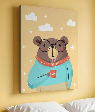 Illustration of a bear with glasses holding a tea cup against a starry background
