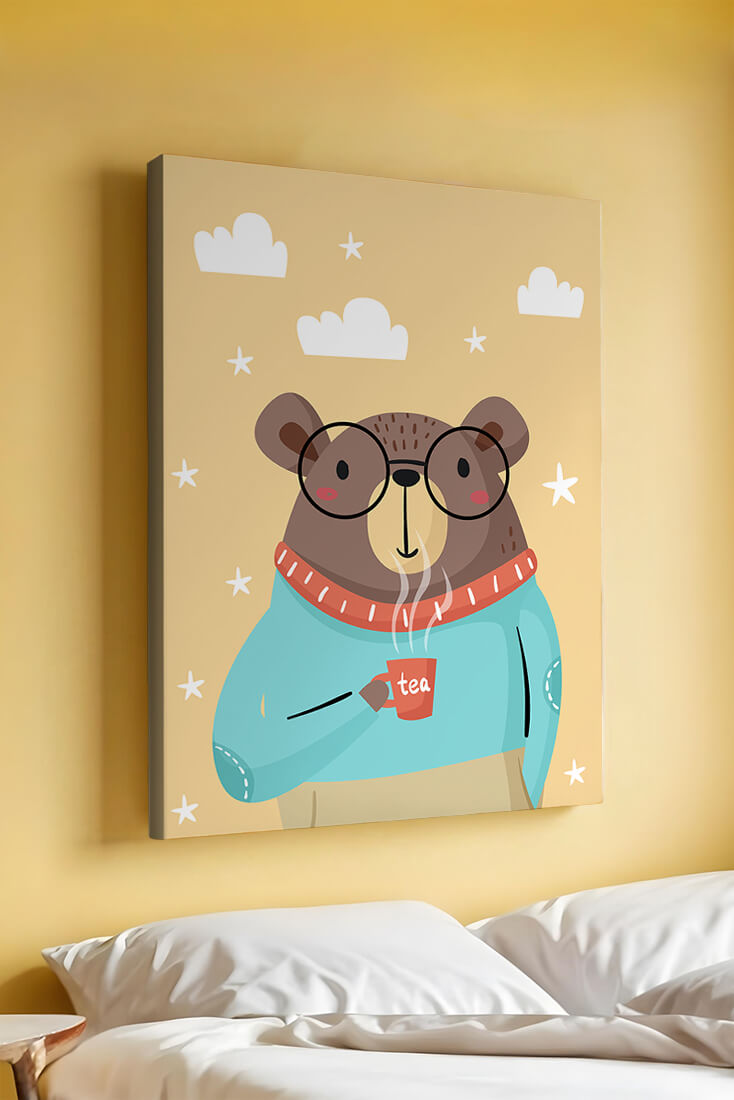 Illustration of a bear with glasses holding a tea cup against a starry background