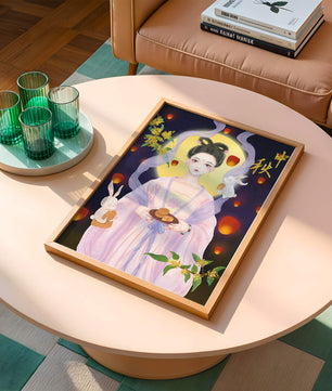 Mid-Autumn Festival Illustration with Moon Goddess and Rabbits