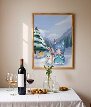 Winter scene with cute chibi character and bunny in snowy landscape