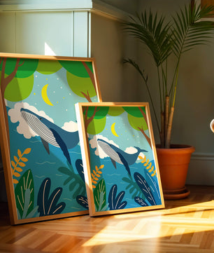 Illustration eines Wals in einer farbenfrohen Waldszene mit Mond und Pflanzen