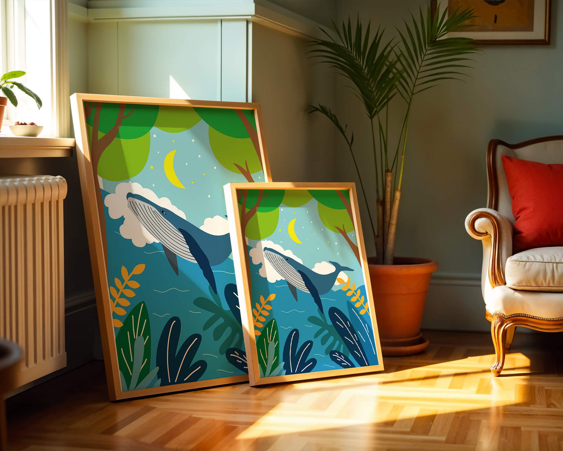 Illustration of a whale in a colorful forest scene with moon and plants