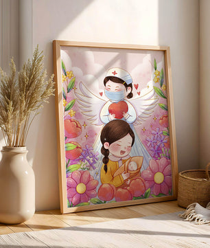 Escena ilustrada de un ángel de la salud con un niño y flores