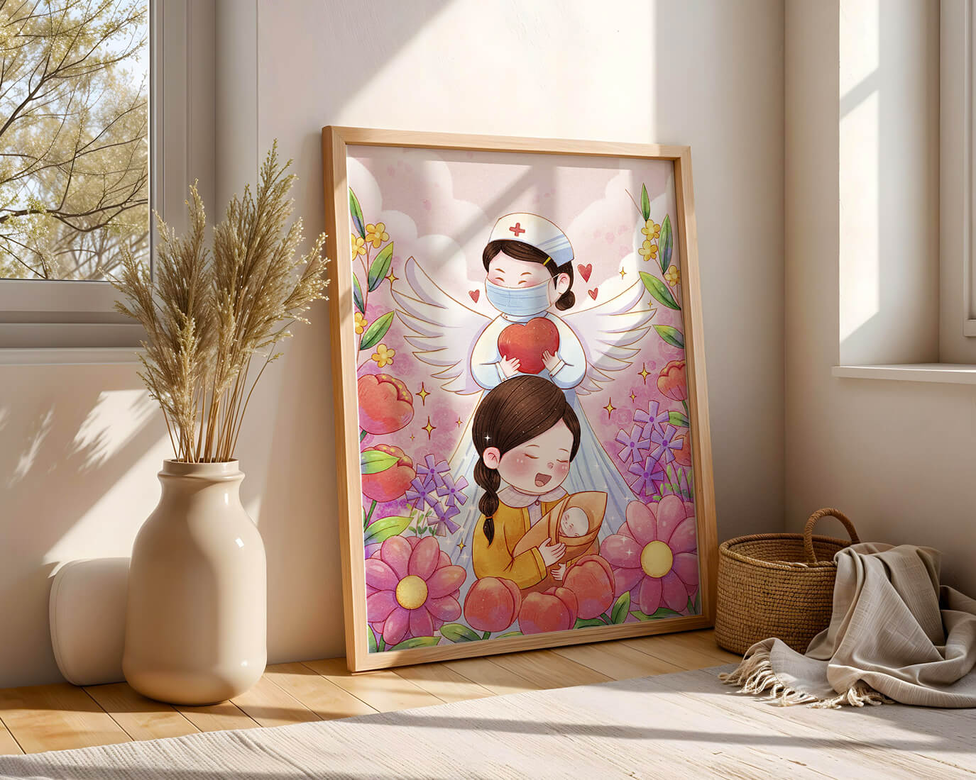 Illustrated scene of healthcare angel with child and flowers