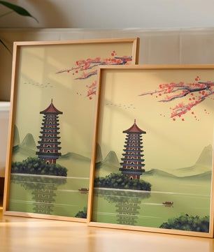 Serene landscape with traditional pagoda and blooming cherry blossoms