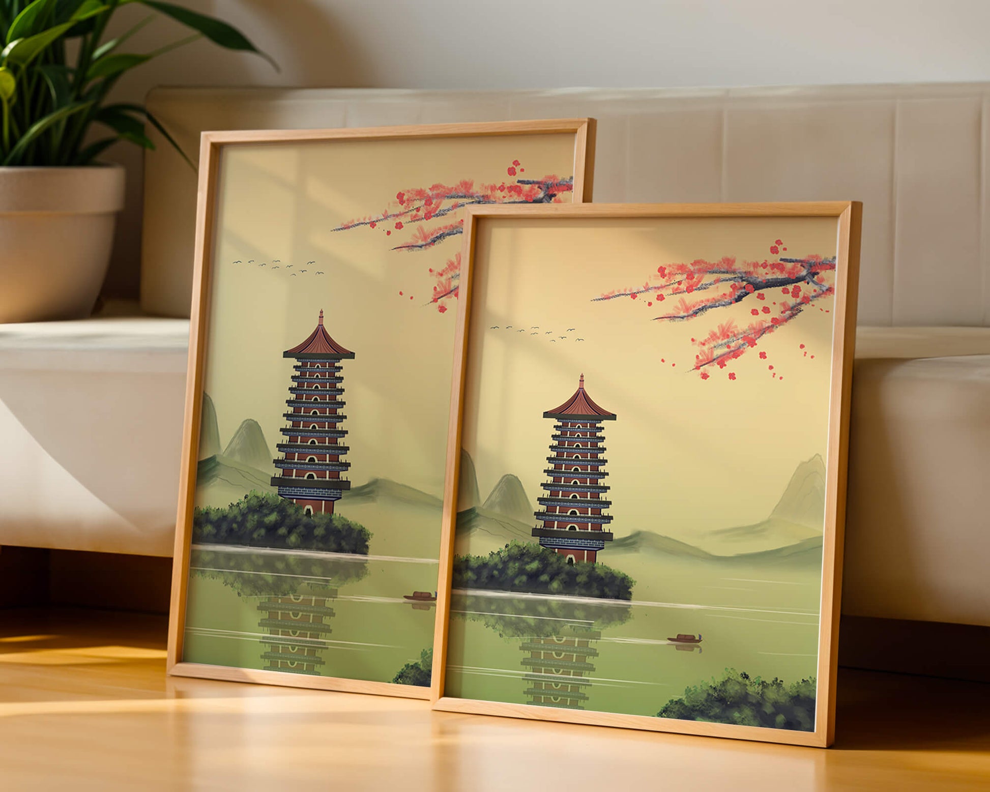 Serene landscape with traditional pagoda and blooming cherry blossoms