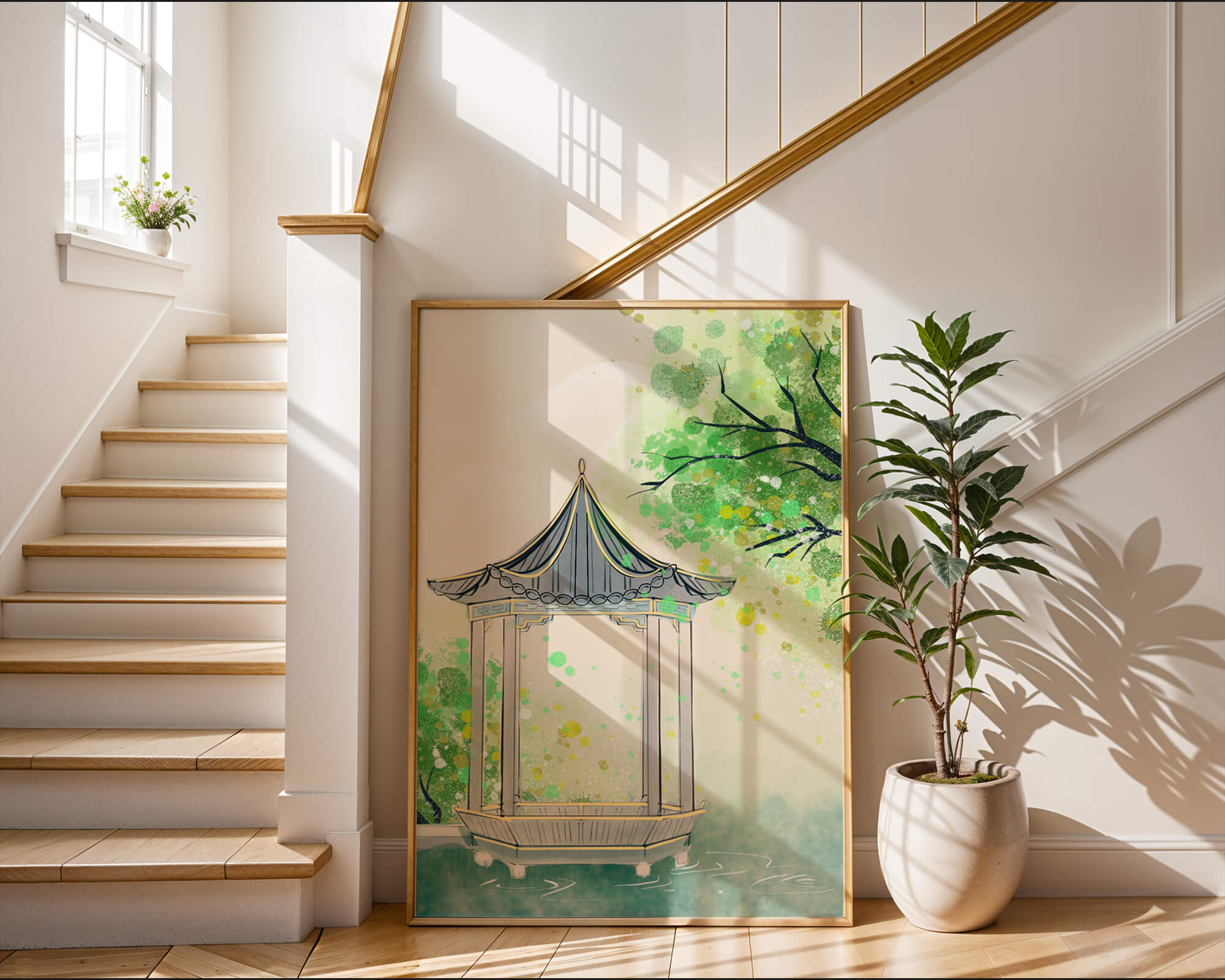 Serene garden gazebo by a tranquil pond with lush greenery