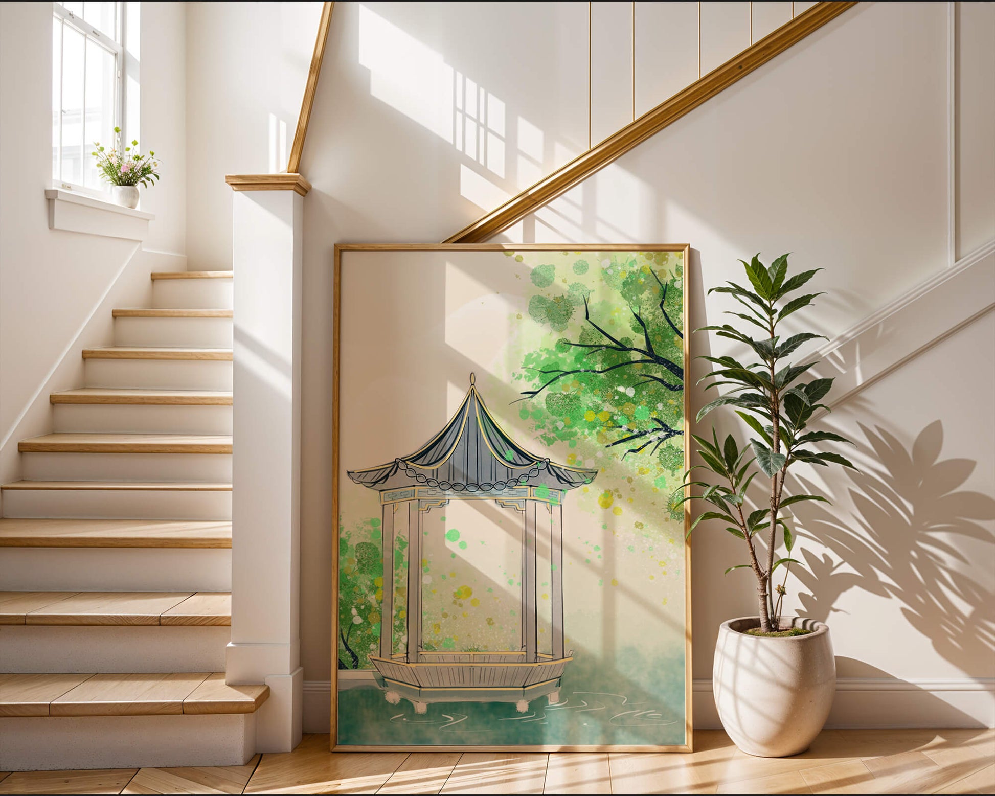 Serene garden gazebo by a tranquil pond with lush greenery