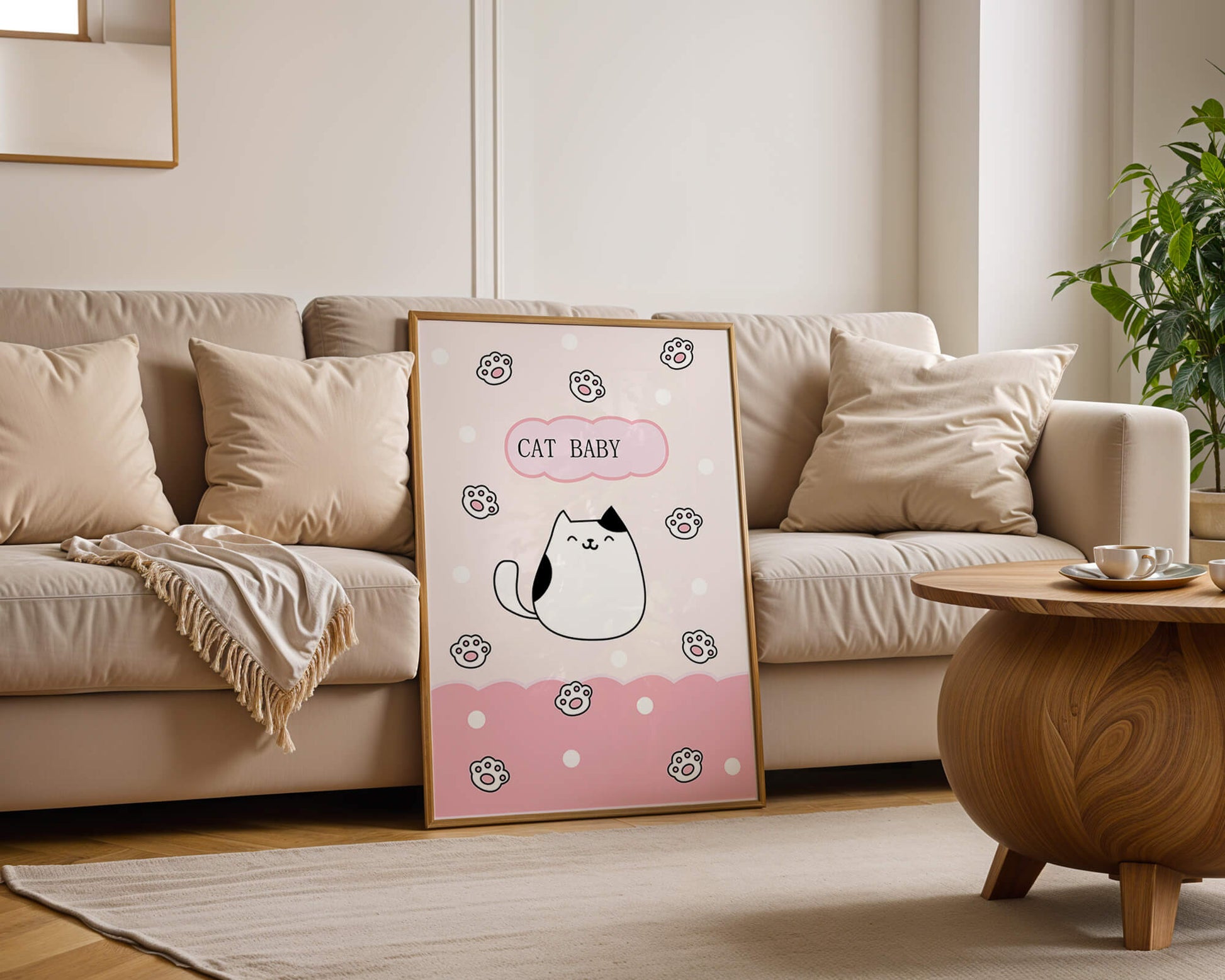 Adorable cat baby illustration with cute paw prints and polka dots