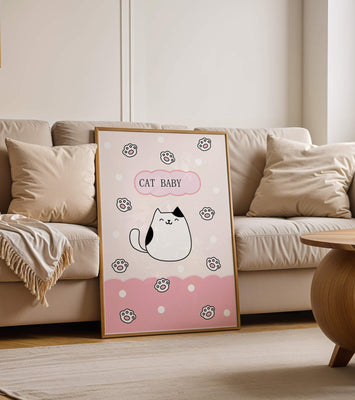 Adorable cat baby illustration with cute paw prints and polka dots