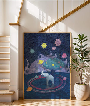 Éléphant fantastique avec arbre et fond cosmique