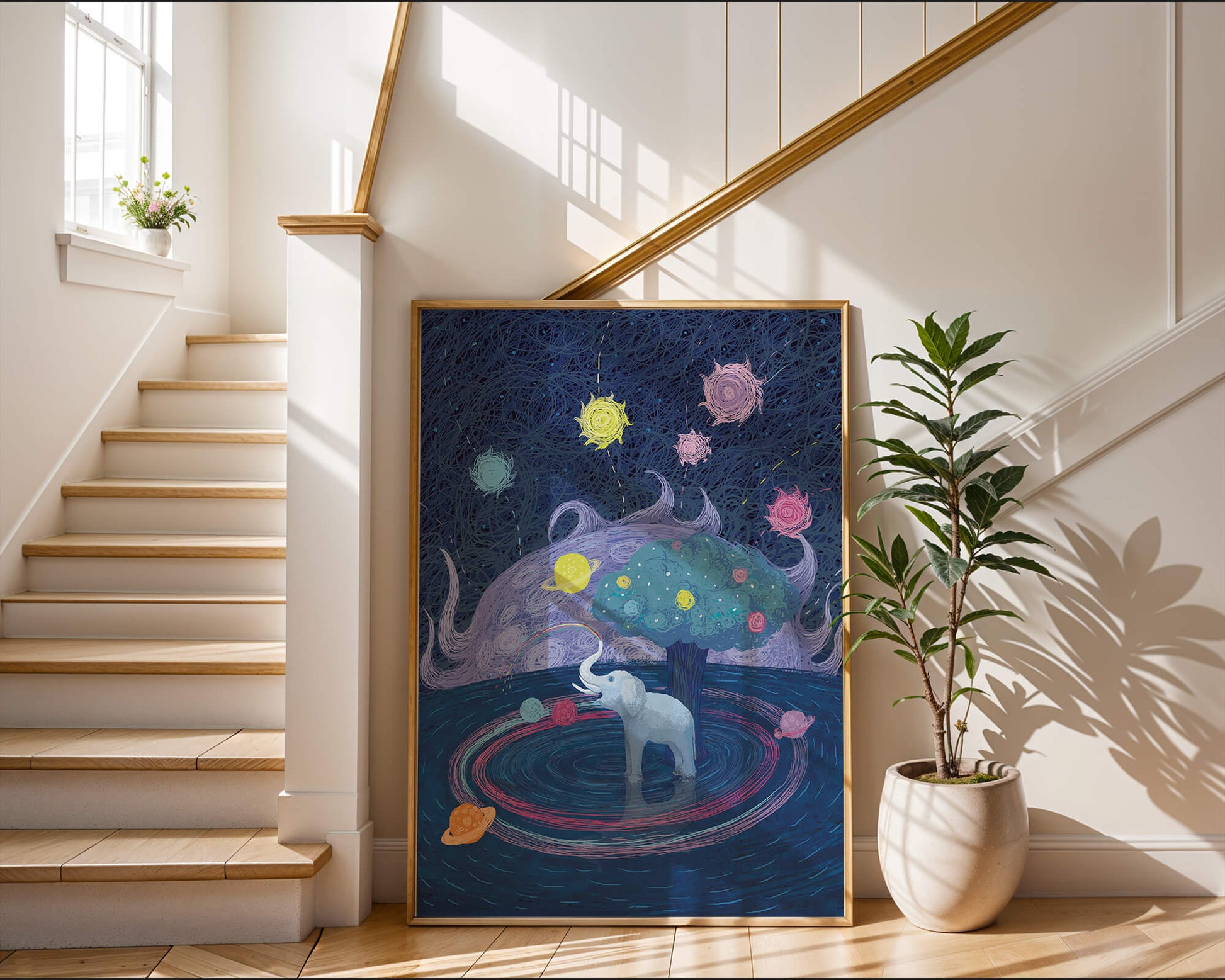 Éléphant fantastique avec arbre et fond cosmique