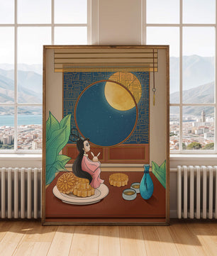 Tranquila escena nocturna con pasteles de luna y una figura mítica