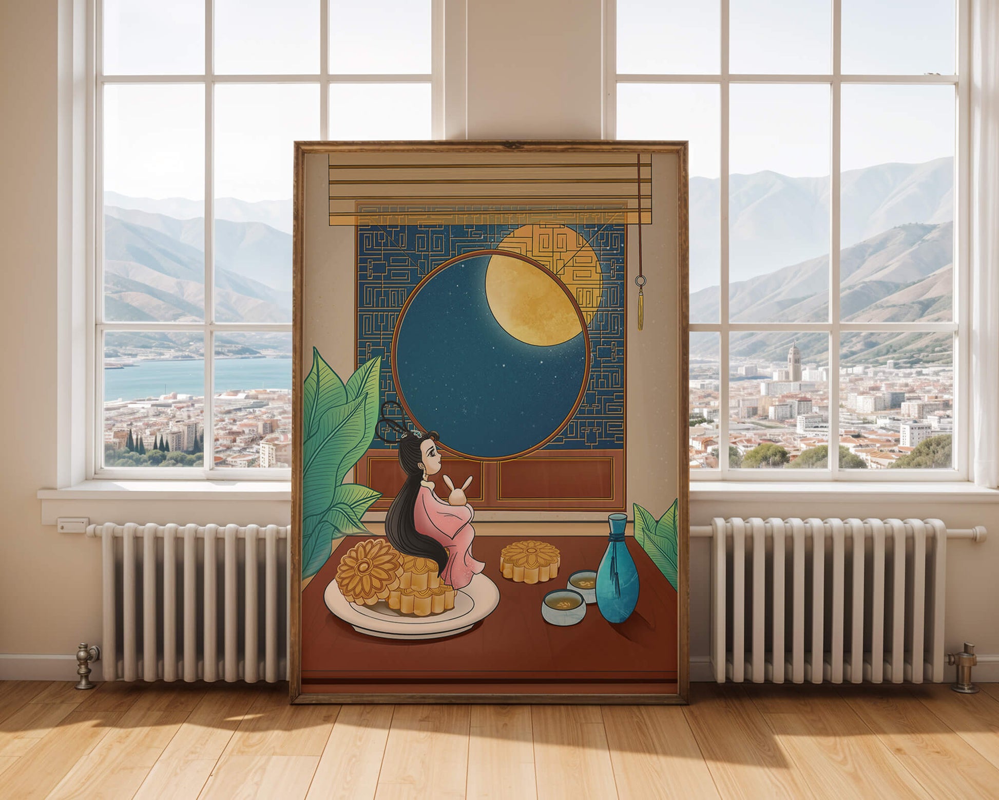 Tranquila escena nocturna con pasteles de luna y una figura mítica