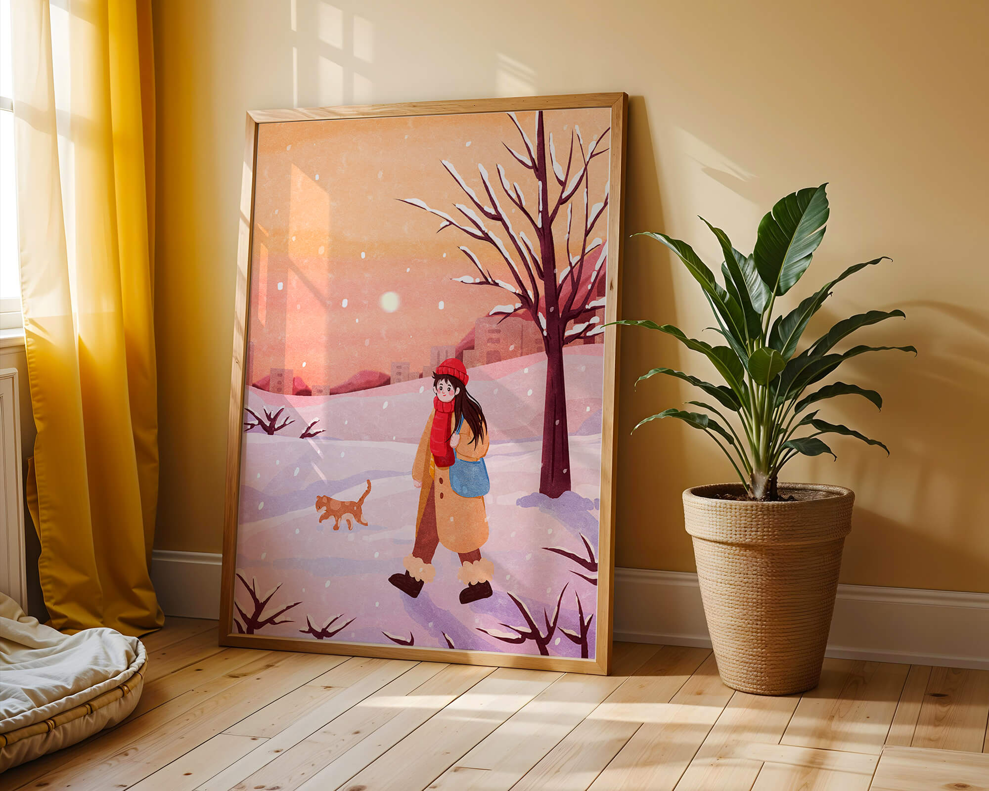 Winter sunset walk with a girl and dog in snowy landscape