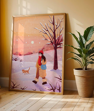 Winter sunset walk with a girl and dog in snowy landscape