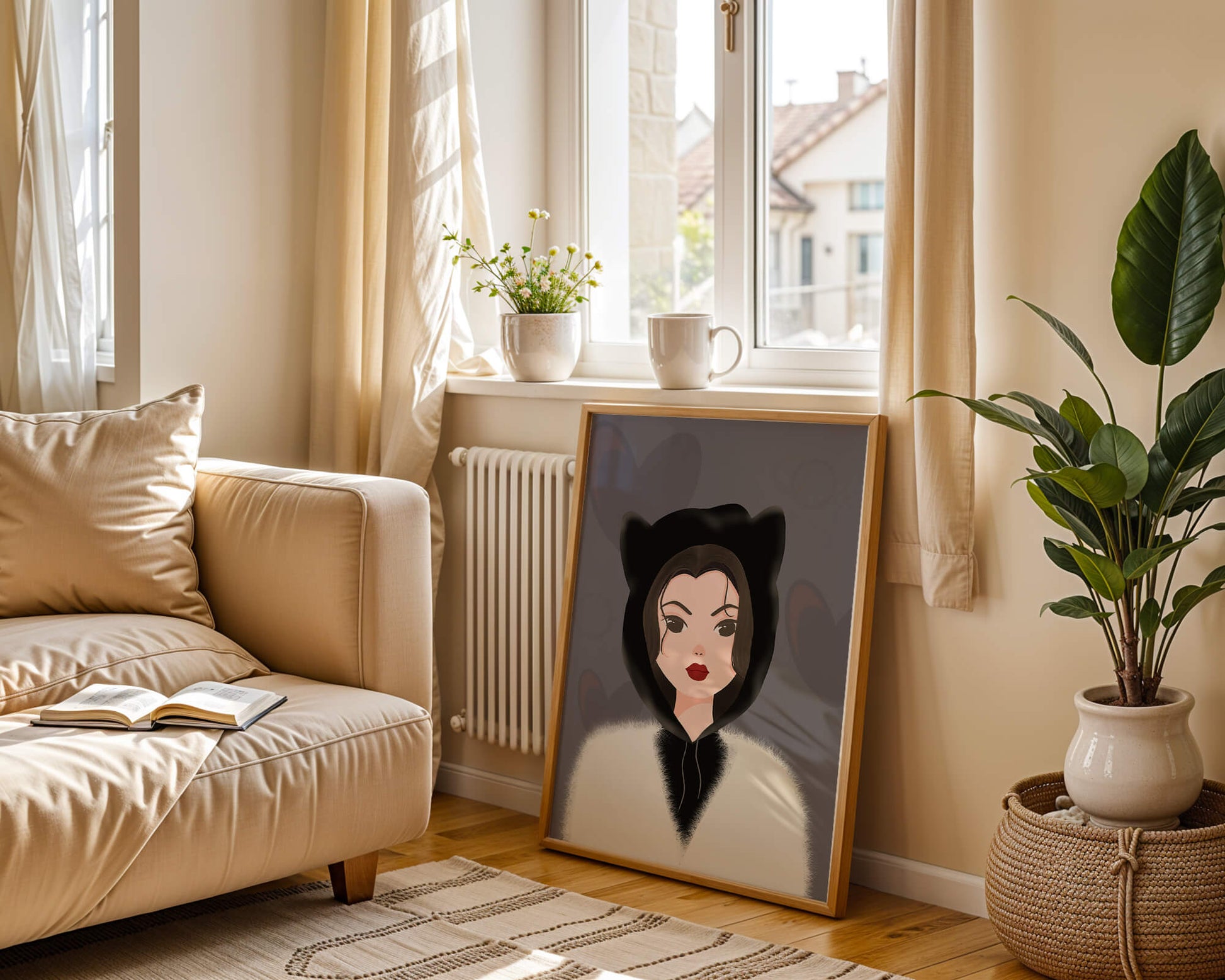 Illustration of a woman in a cat hoodie on a soft gray background