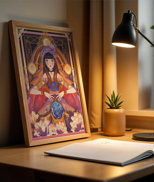 Obra de arte de fantasía con una adivina que tiene una bola de cristal y flores