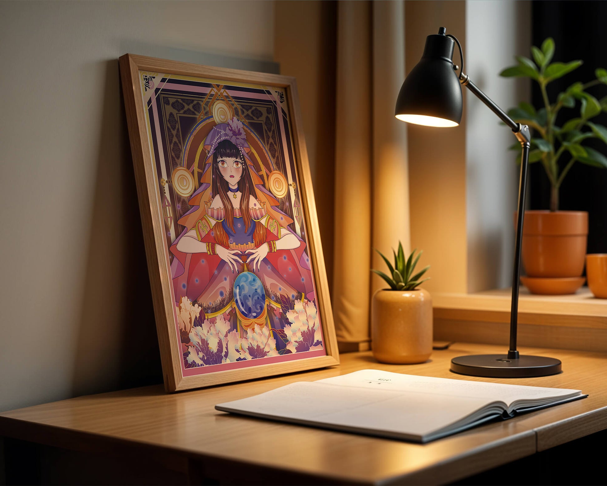 Fantasy Artwork Featuring a Fortune Teller with Crystal Ball and Flowers