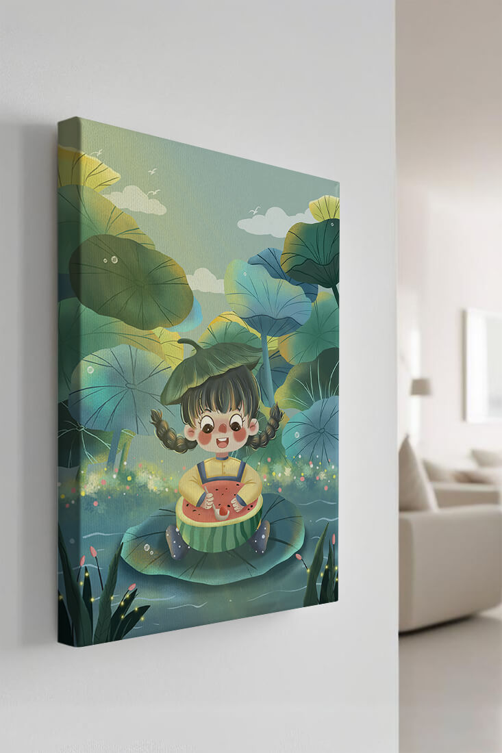 Charming illustration of a child enjoying watermelon amidst whimsical nature