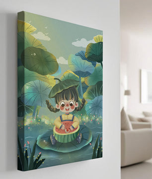 Charming illustration of a child enjoying watermelon amidst whimsical nature