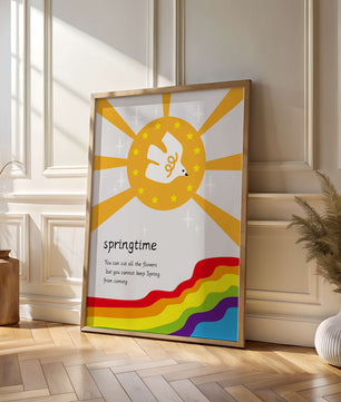 Colorful springtime illustration with dove and rainbow