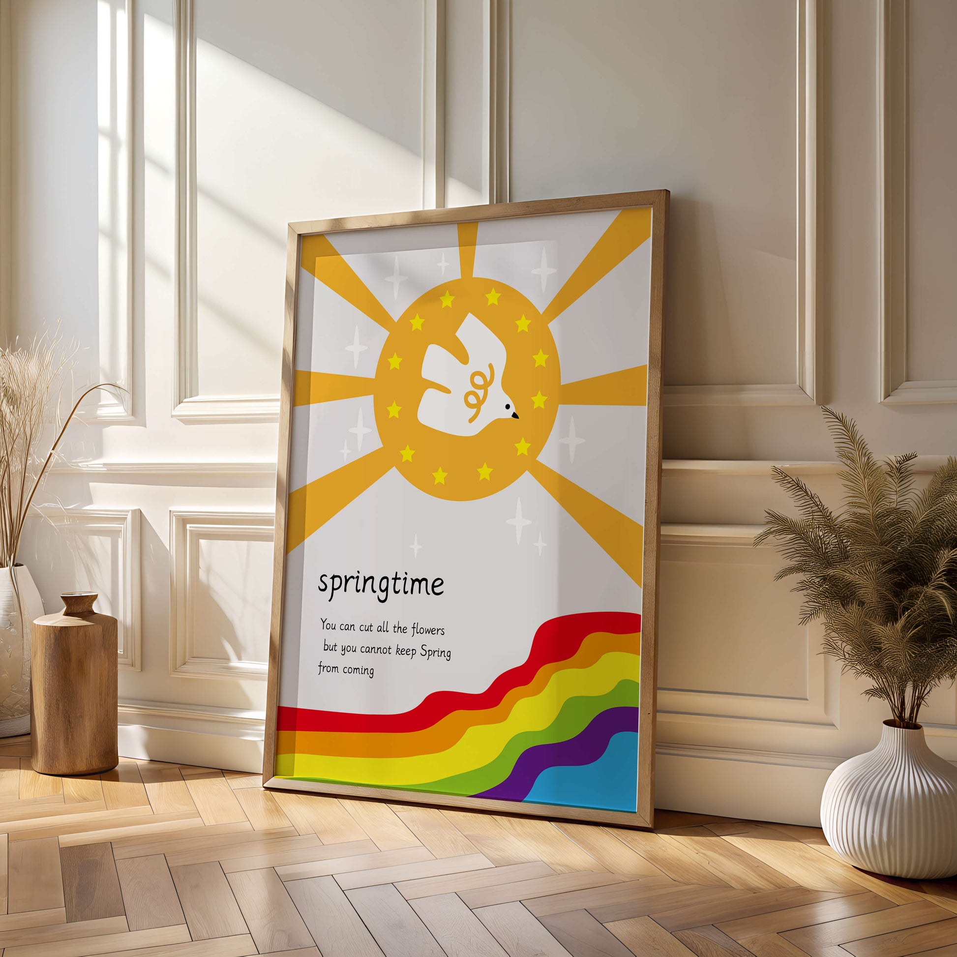 Colorful springtime illustration with dove and rainbow
