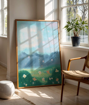 Serene Landscape with Blooming Flowers and Majestic Mountains