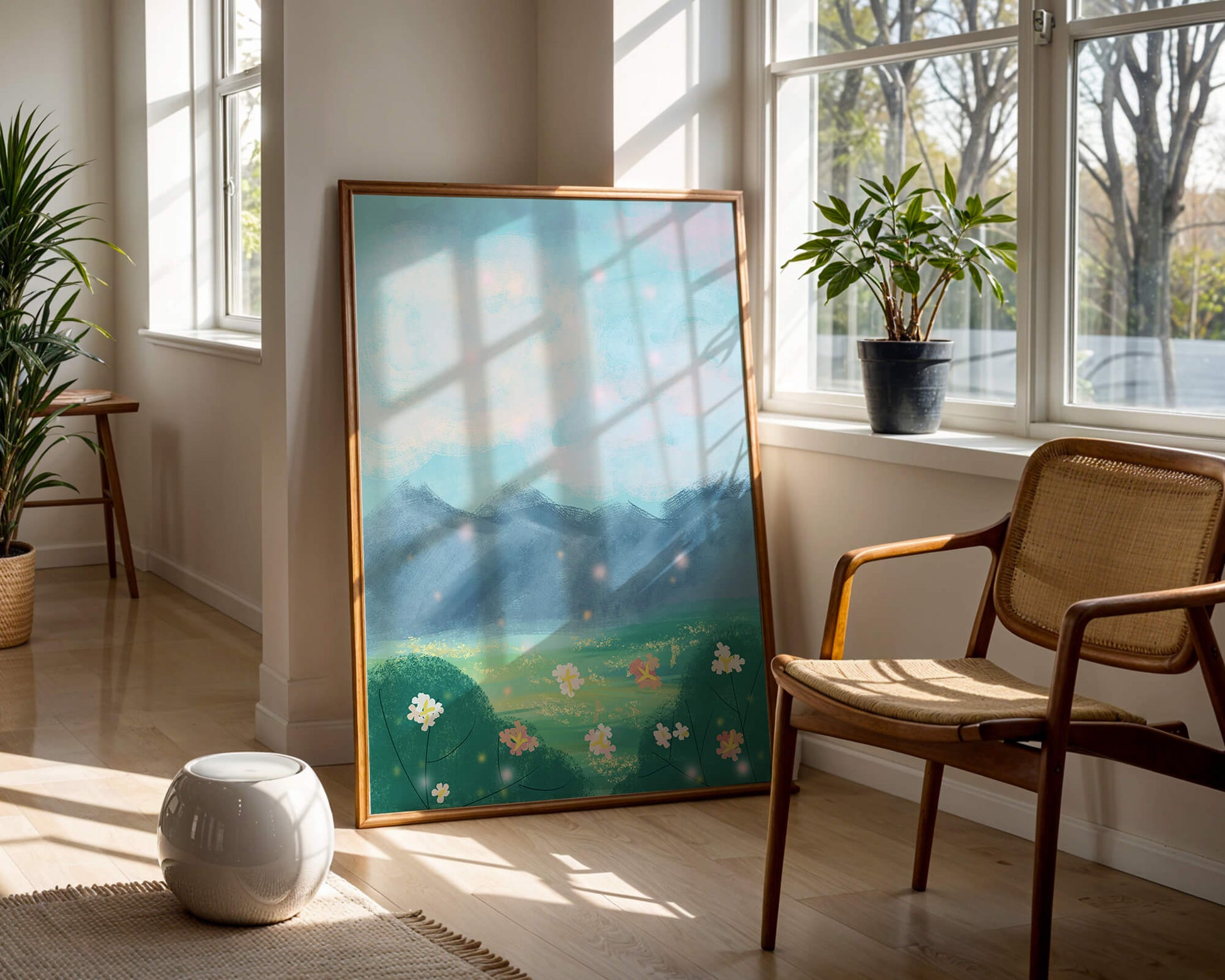Serene Landscape with Blooming Flowers and Majestic Mountains