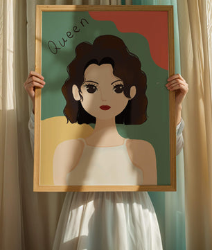 Stylized illustration of a confident woman with abstract background