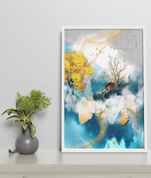 Surreal Nature Scene with Elephants and Golden Leaves